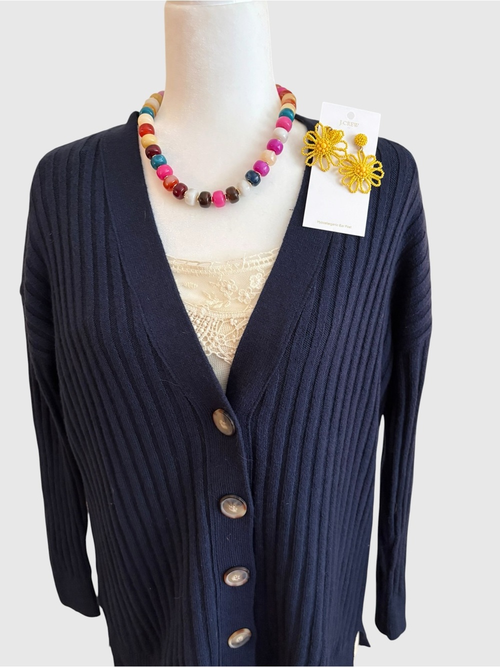 LOFT Navy Ribbed V-Neck Button Cardigan - Picture 4 of 9